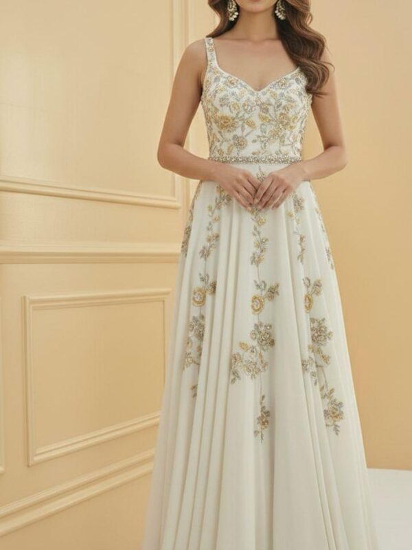 Ivory Gold Embroidered Evening Gown