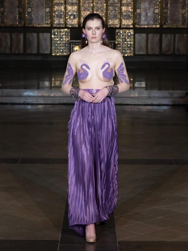 Lilac hand embroidered peacock blouse with pleated satin drape skirt from Saanjh by Saloni Cloud Devotion London Fashion Week 2026 collection