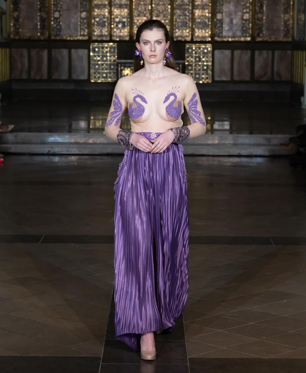 Lilac hand embroidered peacock blouse with pleated satin drape skirt from Saanjh by Saloni Cloud Devotion London Fashion Week 2026 collection