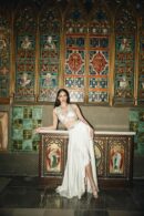 Luxury white draped bridal skirt with hand-embroidered structured blouse from Cloud Devotion collection by Saanjh by Saloni, London Fashion Week