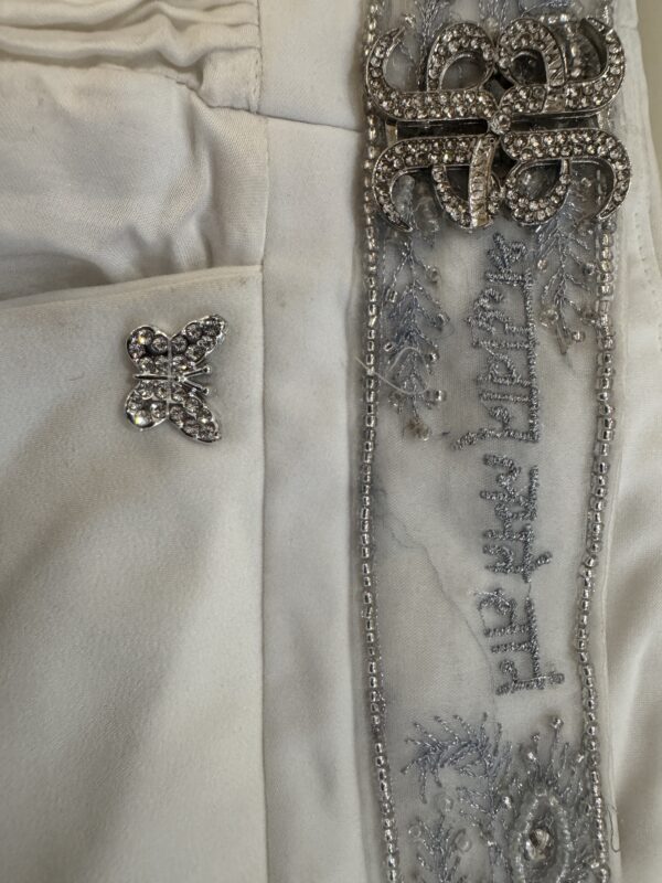 Luxury white draped bridal skirt with hand-embroidered structured blouse from Cloud Devotion collection by Saanjh by Saloni, London Fashion Week