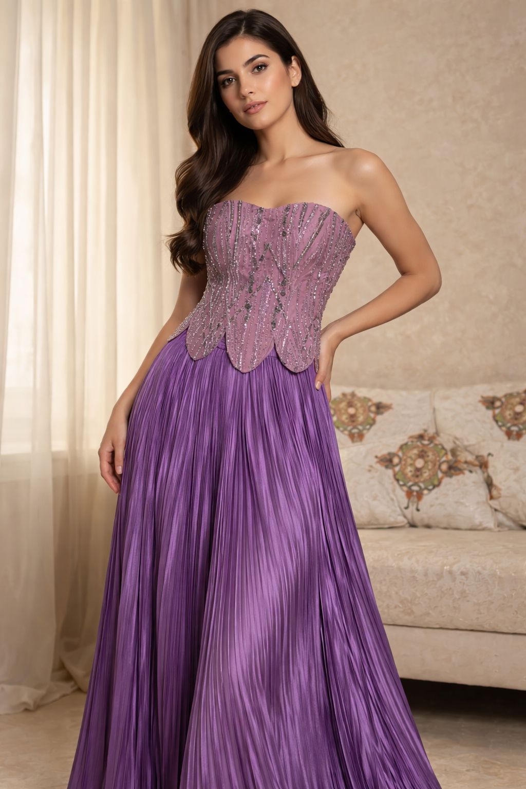 Lilac couture gown by Saanjh by Saloni featuring a structured embroidered corset bodice and flowing pleated skirt from the Cloud Devotion collection.