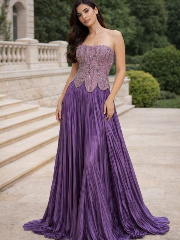 Lilac couture gown by Saanjh by Saloni featuring a structured embroidered corset bodice and flowing pleated skirt from the Cloud Devotion collection.