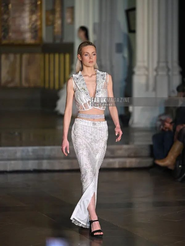 Cloud white hand embroidered blouse and slit skirt from Saanjh by Saloni Cloud Devotion London Fashion Week 2026 collection
