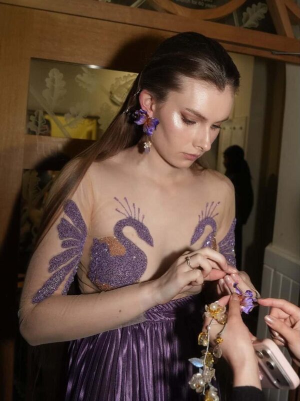 Lilac hand embroidered peacock blouse with pleated satin drape skirt from Saanjh by Saloni Cloud Devotion London Fashion Week 2026 collection